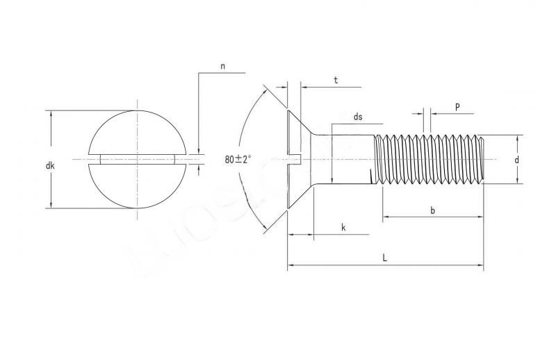 ASME B18.5 80°Slotted Countersunk Head Bolts Dimension Chart Drawing