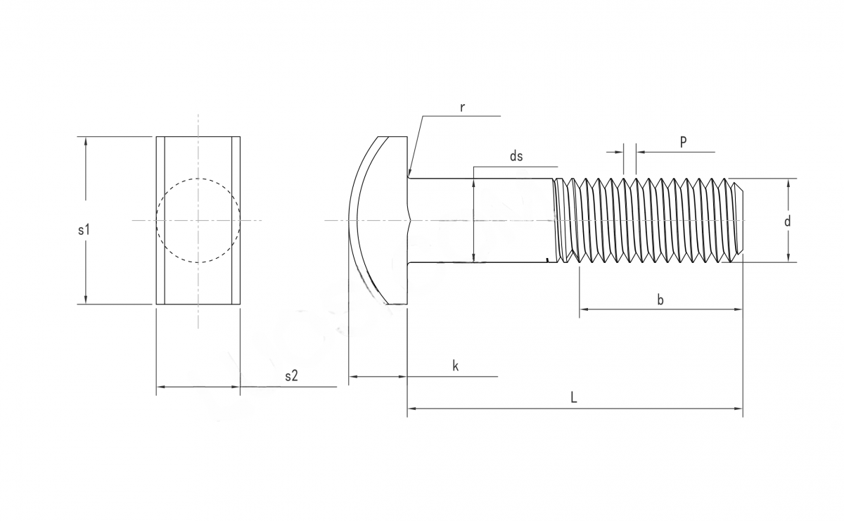 American Standard T- Head Bolts ASME ANSI B18.5 Dimension Chart Drawing