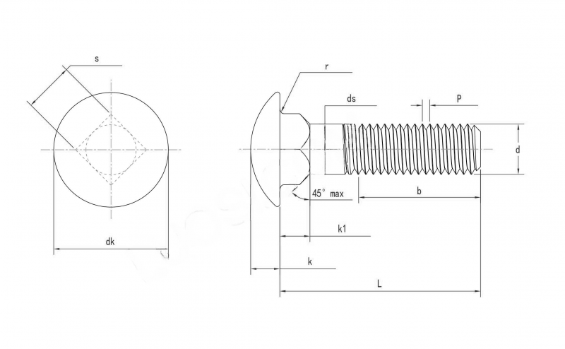 Inch Series ASME ANSI B 18.5 Round Head Square Neck Bolts Dimension Chart Drawing