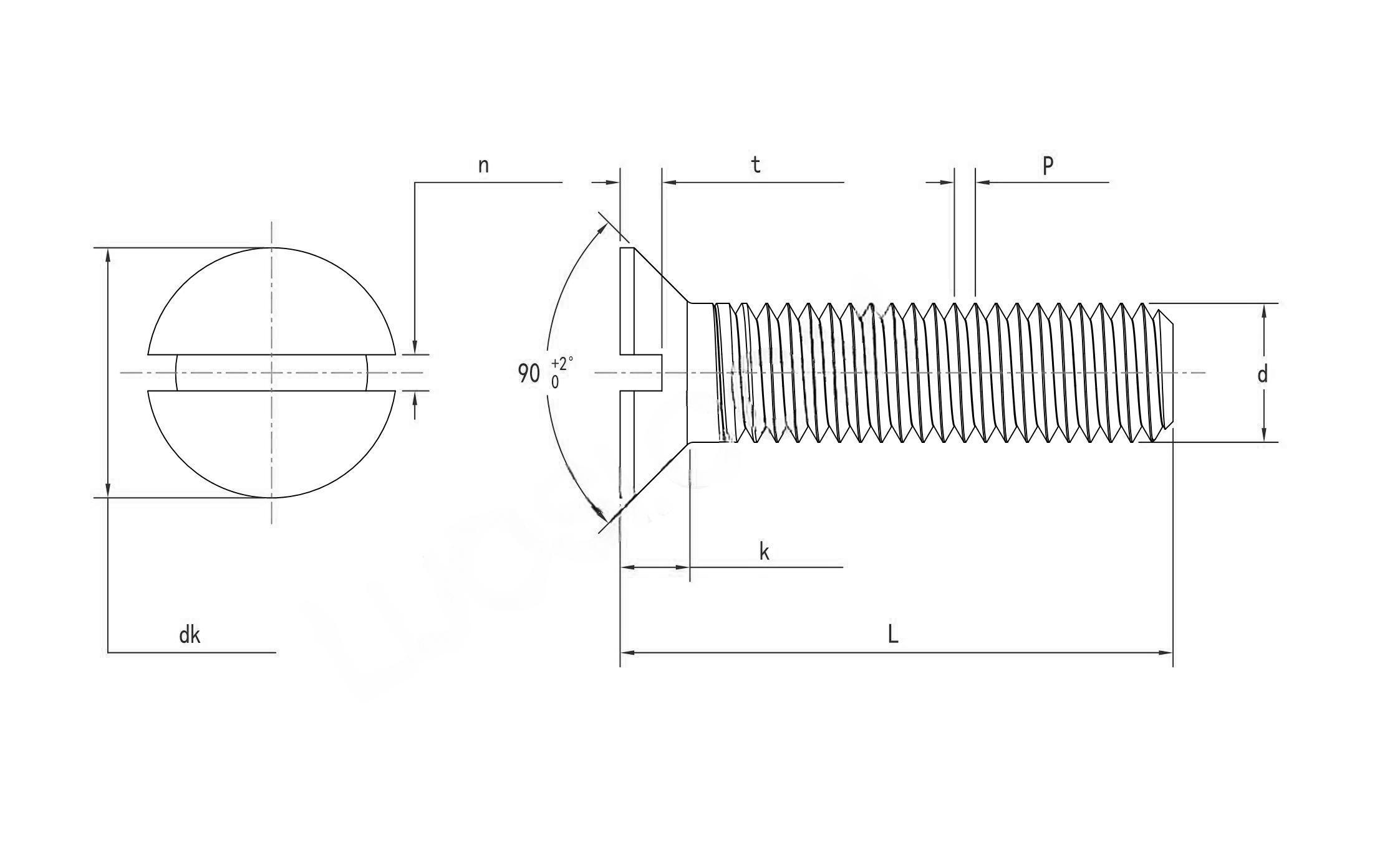 Drawing of DIN963 90° Stainless Steel Slotted Countersunk Head Screws